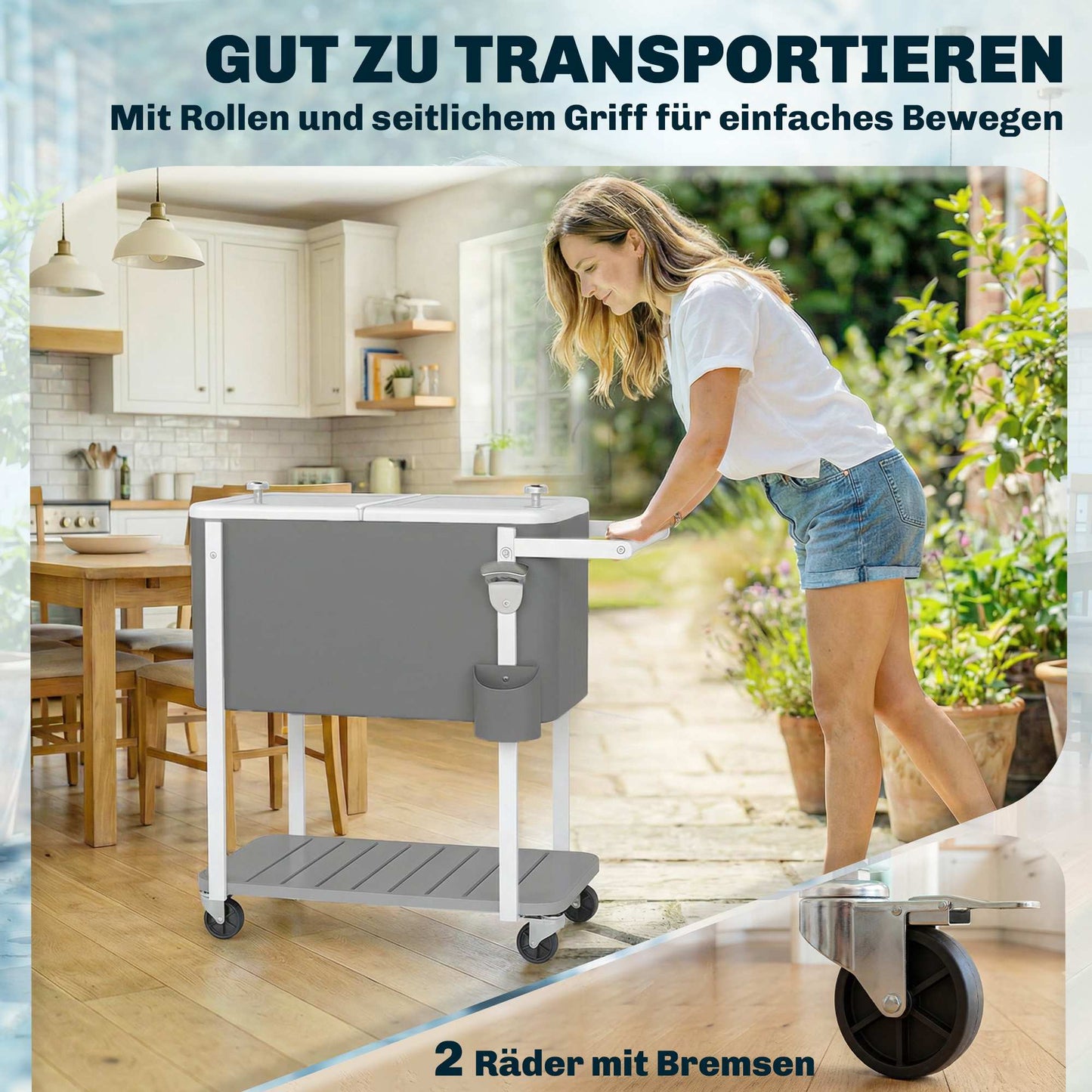 Outdoor Cooler Cart with Wheels, 56L Capacity, Gray