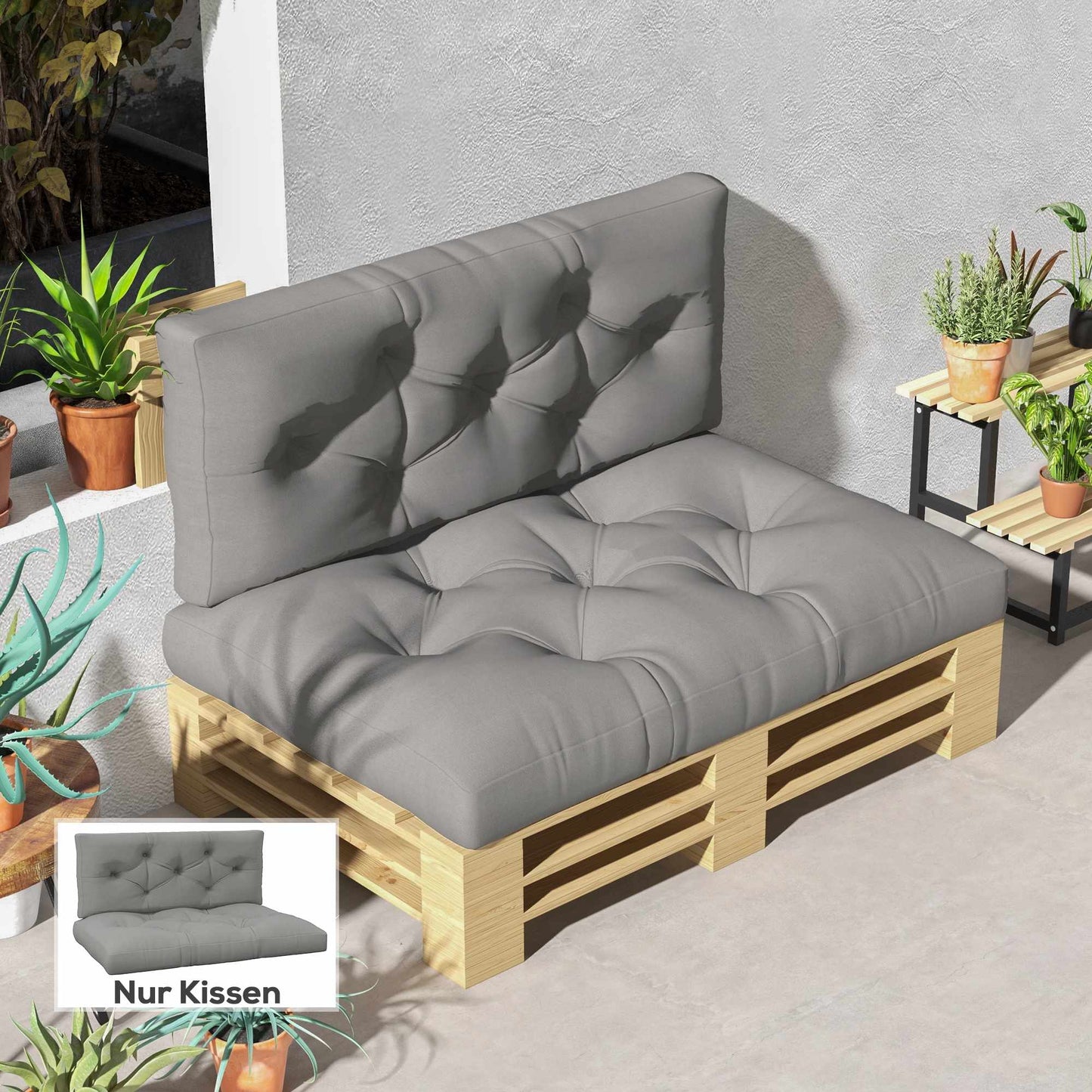 Outdoor Cushion Set, Tufted, 120x80x12 cm, Light Grey