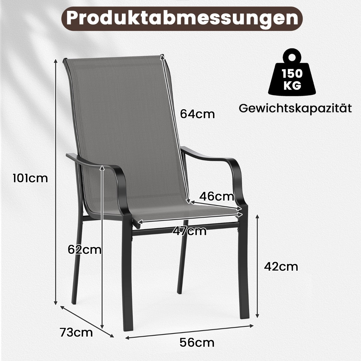 Outdoor Dining Chairs Set, High Back, 150kg Capacity, Grey
