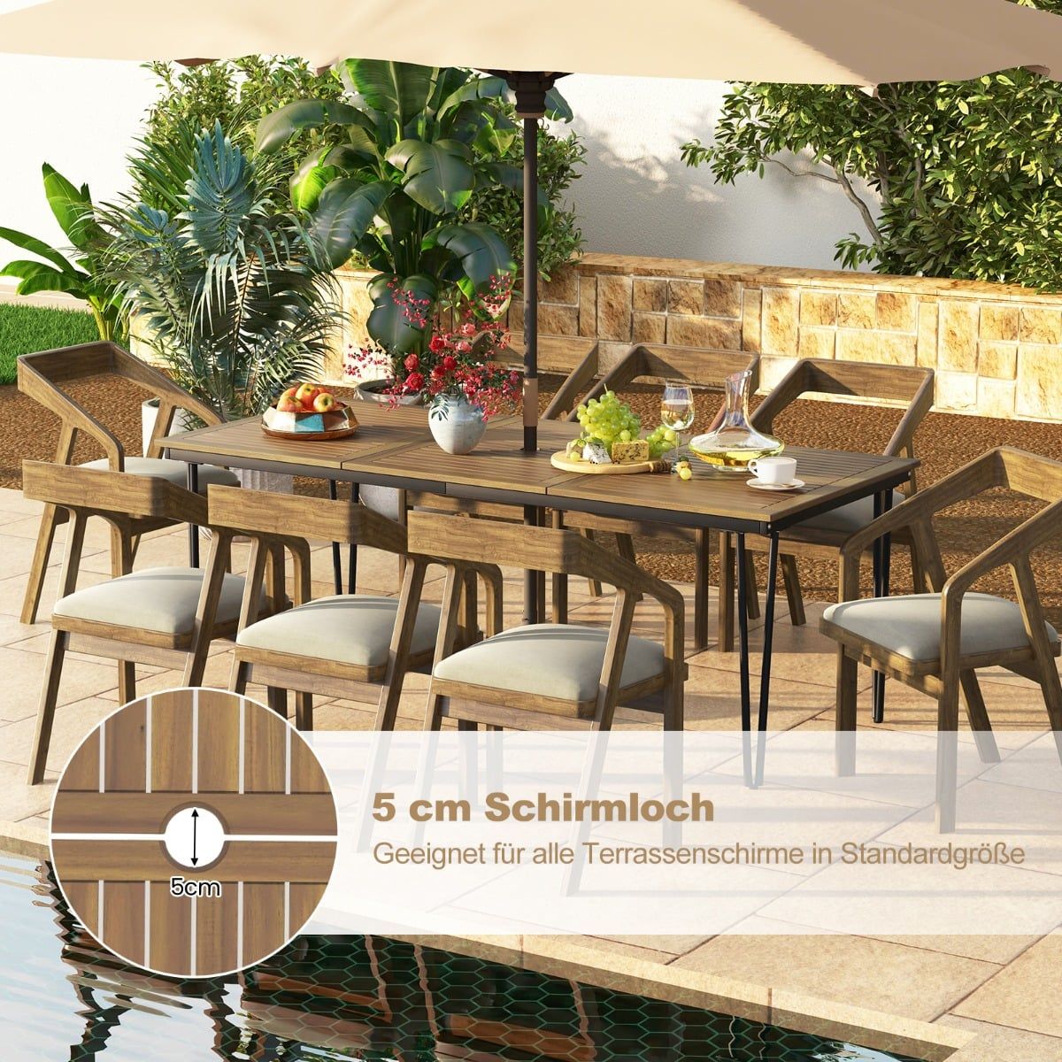 Outdoor Dining Table, Acacia Wood, 8 Seats, Umbrella Hole
