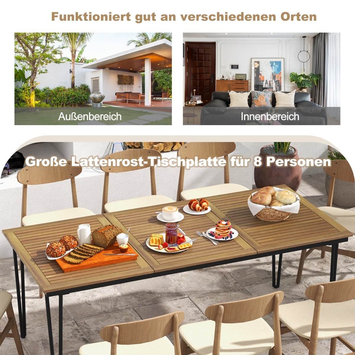 Outdoor Dining Table, Acacia Wood, 8 Seats, Umbrella Hole