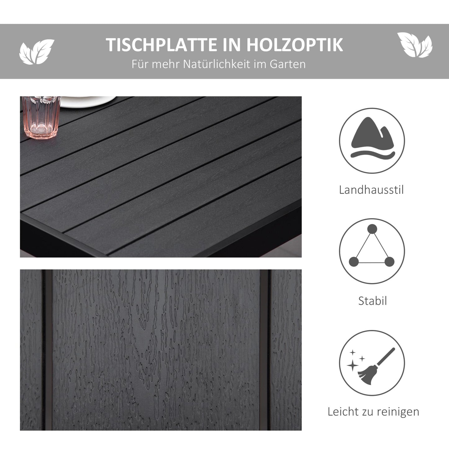Outdoor Dining Table, Black, 190 x 90 x 74 cm, Seats 8