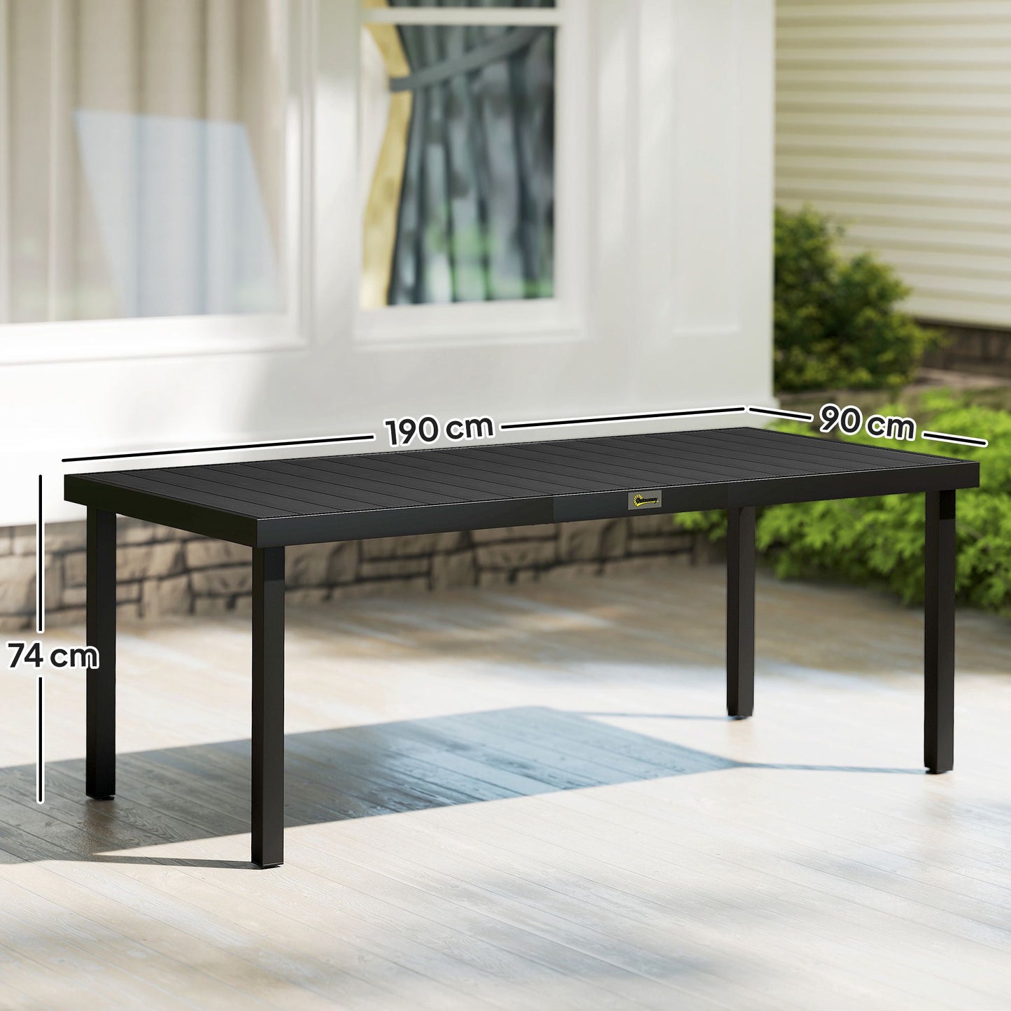 Outdoor Dining Table, Black, 190 x 90 x 74 cm, Seats 8