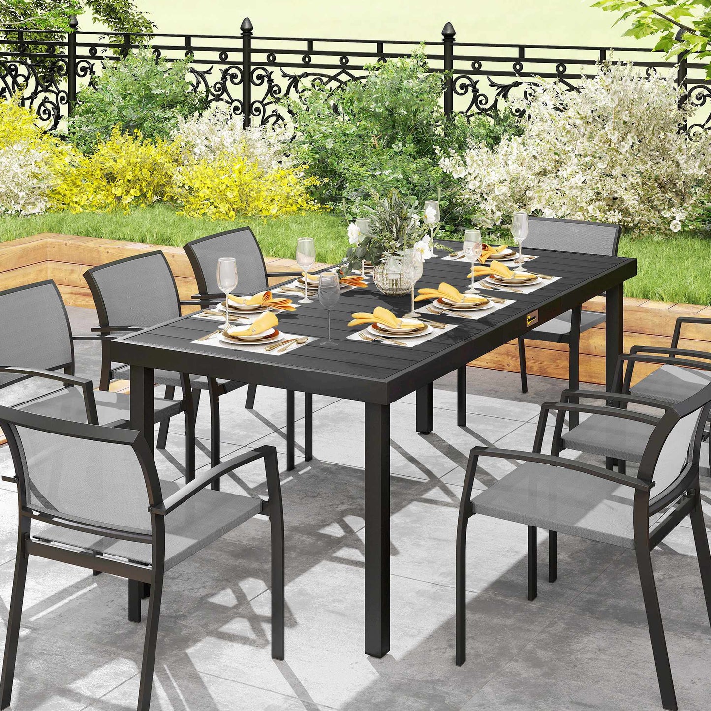 Outdoor Dining Table, Black, 190 x 90 x 74 cm, Seats 8