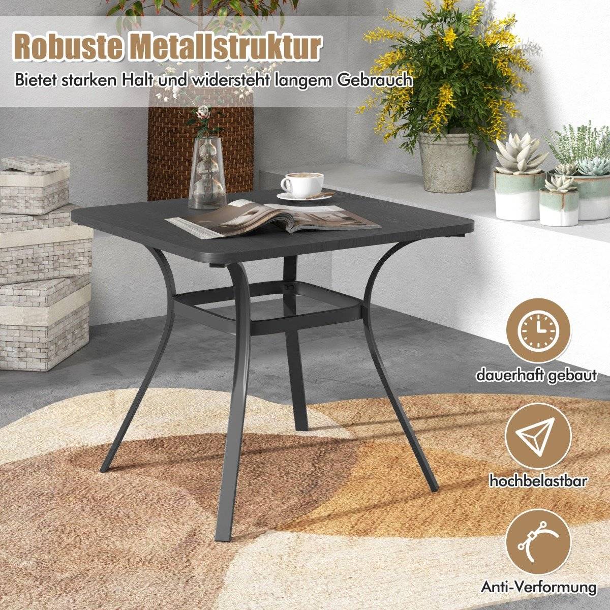 Outdoor Dining Table for 4, Wood-Look Top, 80x80 cm