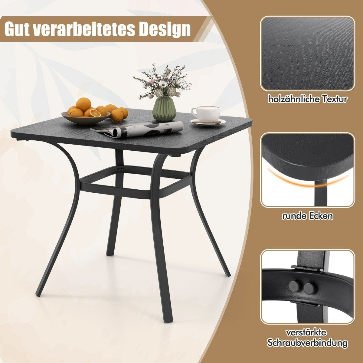Outdoor Dining Table for 4, Wood-Look Top, 80x80 cm