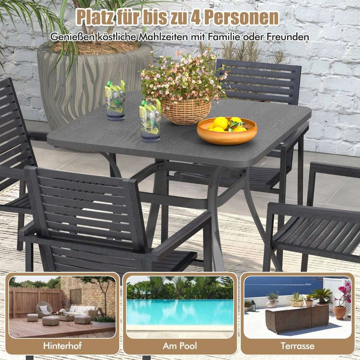 Outdoor Dining Table for 4, Wood-Look Top, 80x80 cm