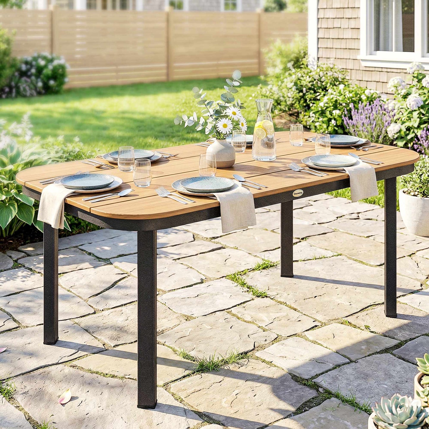 Outdoor Dining Table for 6, WPC Top, Metal Frame, 155x88 cm
