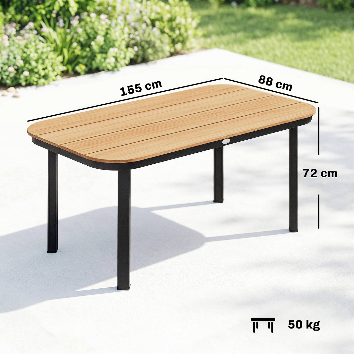 Outdoor Dining Table for 6, WPC Top, Metal Frame, 155x88 cm