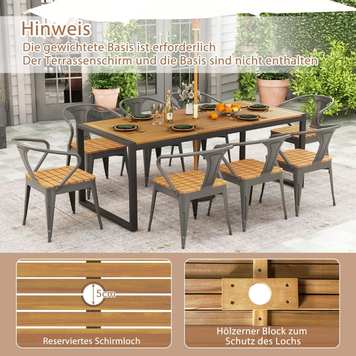 Outdoor Dining Table for 8, Acacia Wood, Umbrella Hole