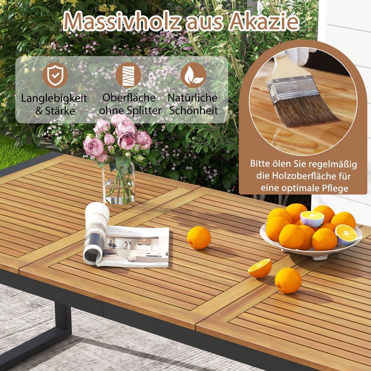 Outdoor Dining Table for 8, Acacia Wood, Umbrella Hole