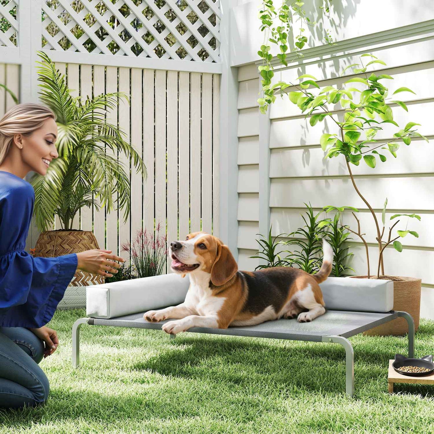 Elevated Outdoor Dog Bed with L-Shaped Cushion, 110x75x30cm