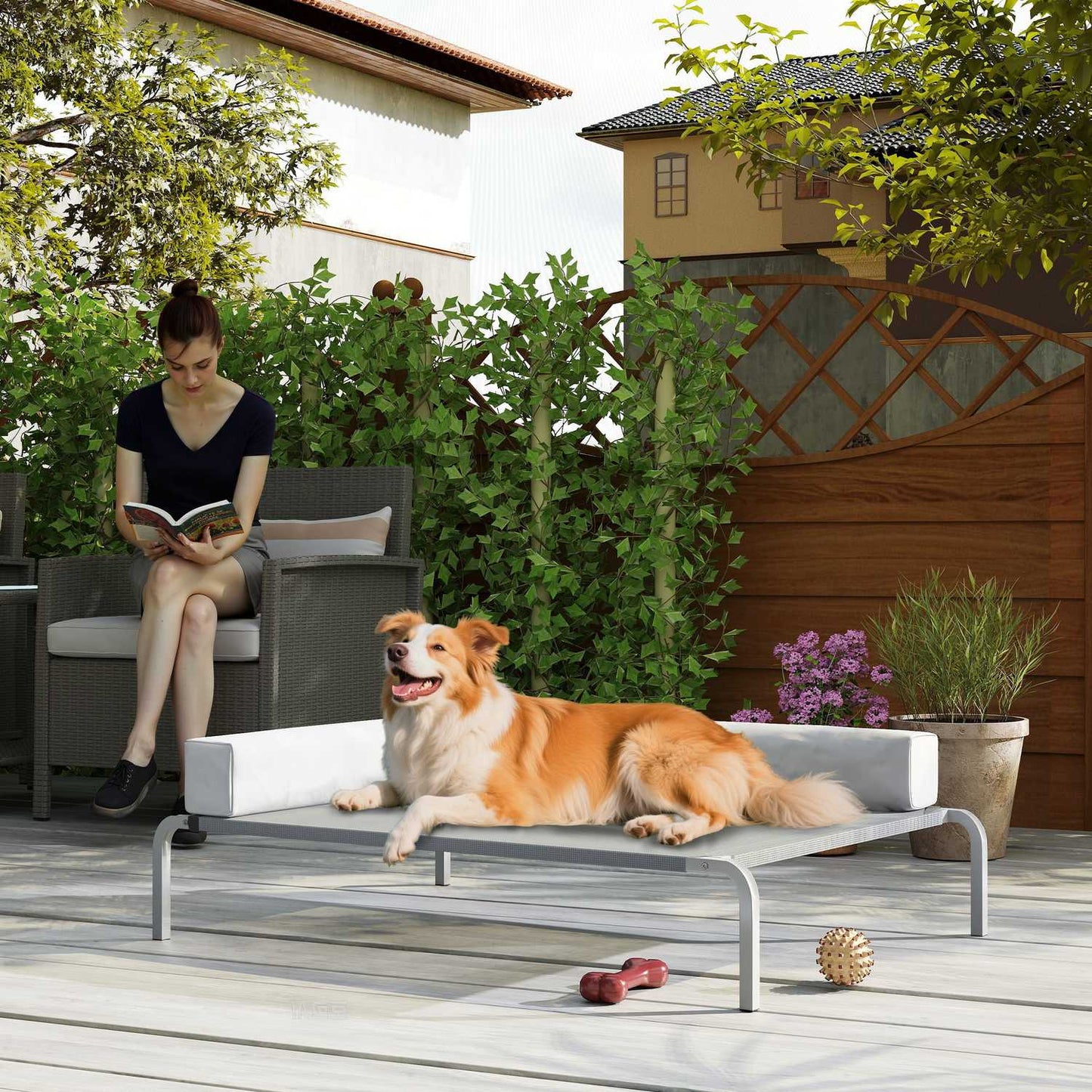 Elevated Outdoor Dog Bed with L-Shaped Cushion, 110x75x30cm