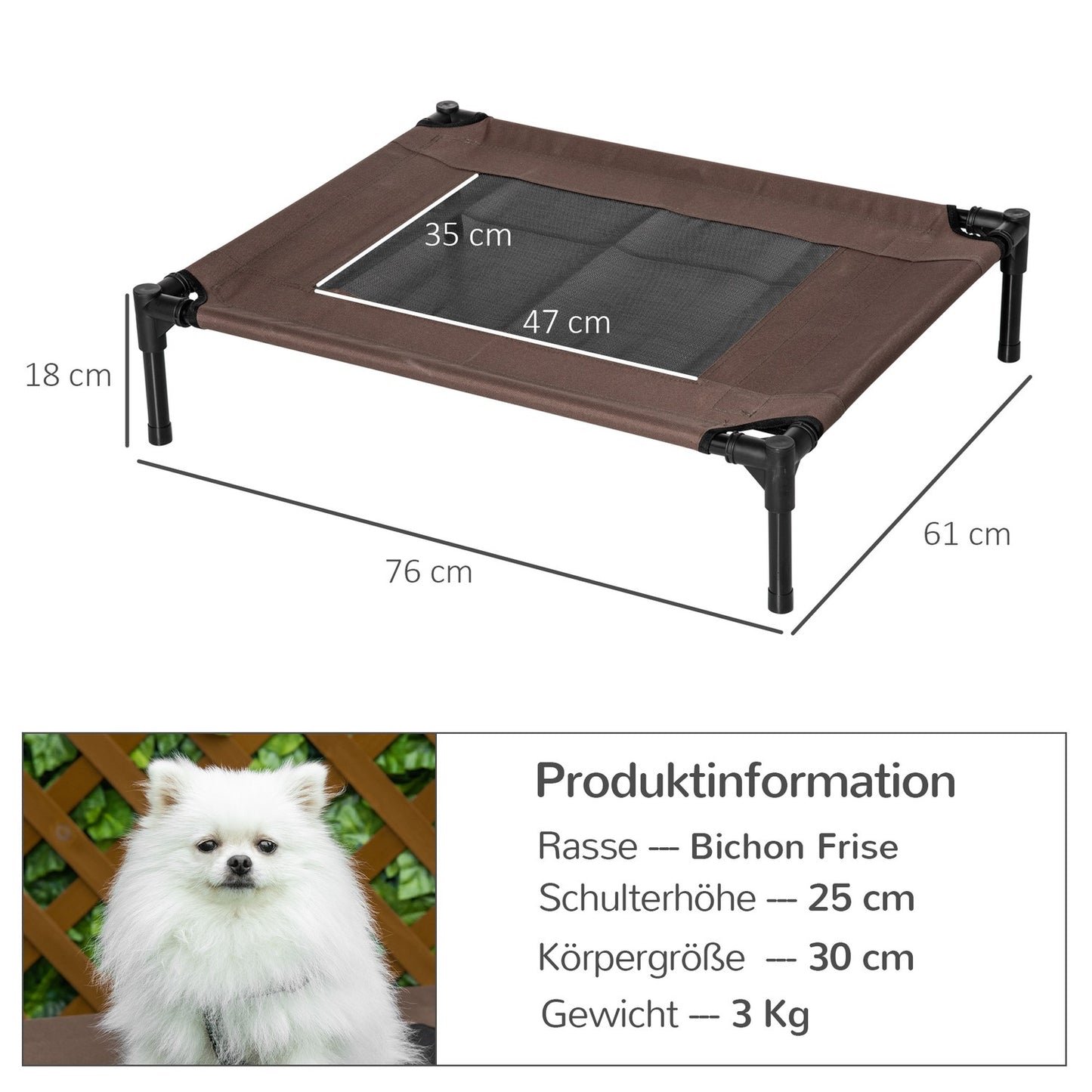 Durable outdoor dog bed, brown 76x61x18cm for pets