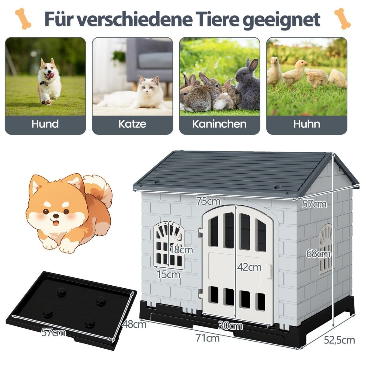 Outdoor Dog House with Door, 3 Windows, Removable Floor