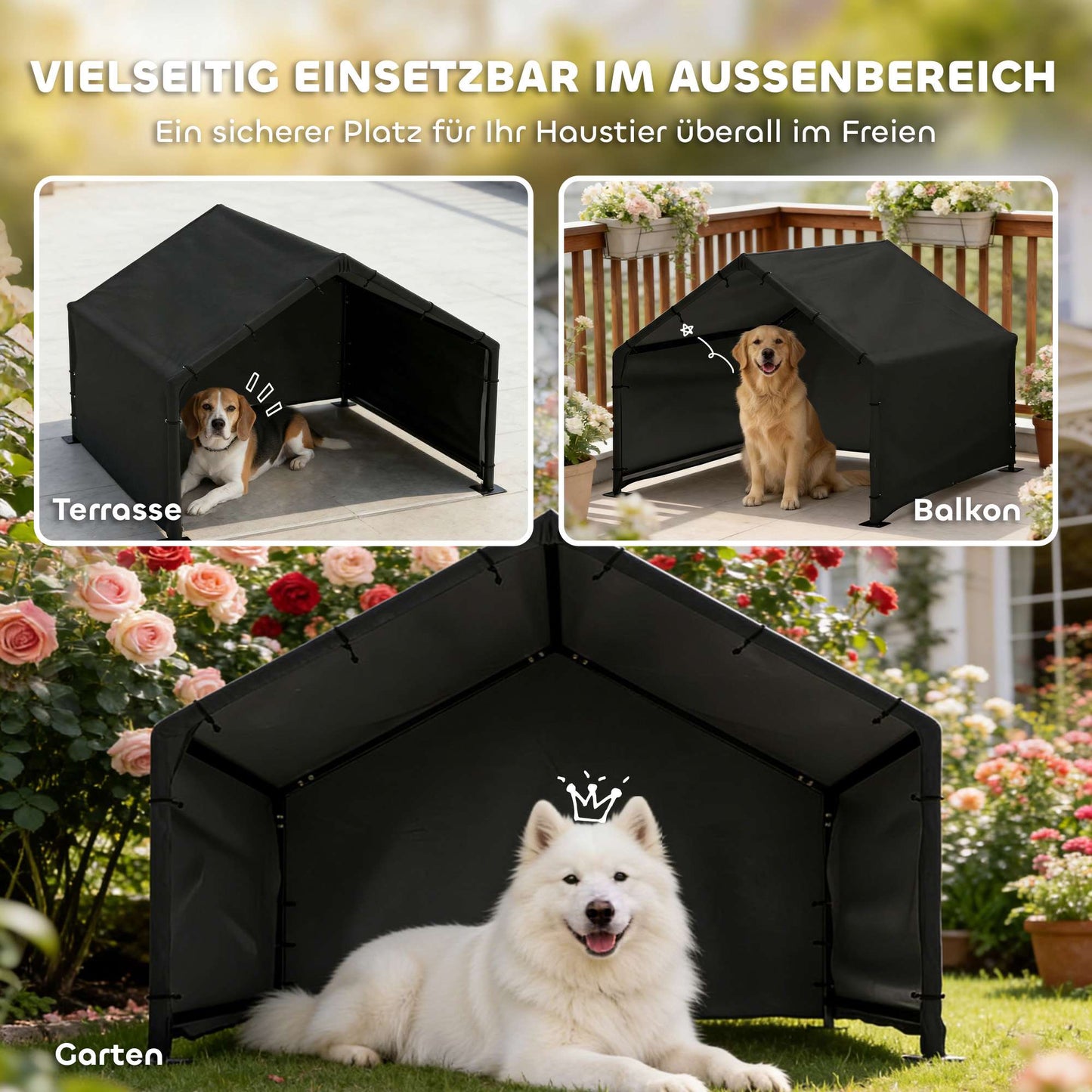 Outdoor Dog House with UV-Resistant Canopy, 125x110x93 cm