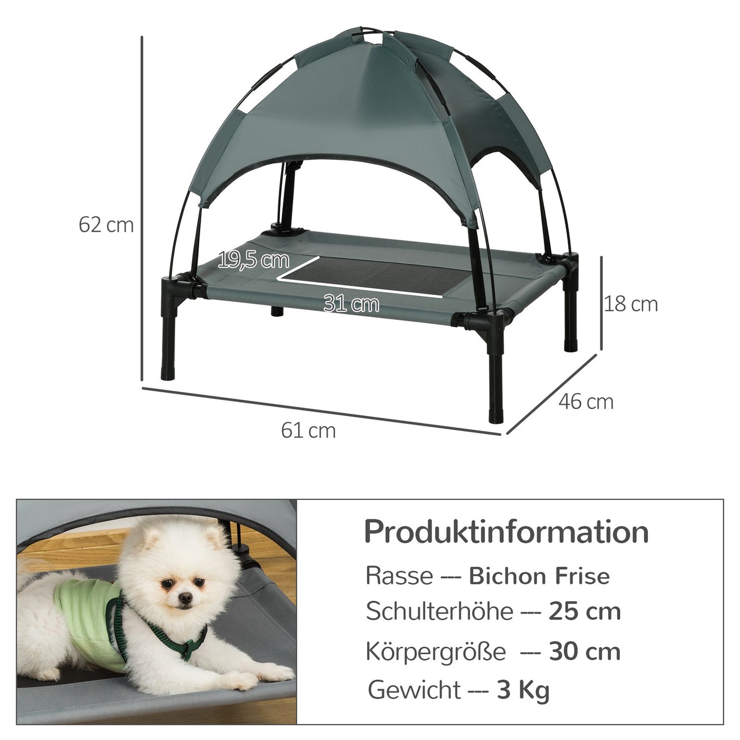 Dog bed outdoor with canopy, elevated and breathable, gray
