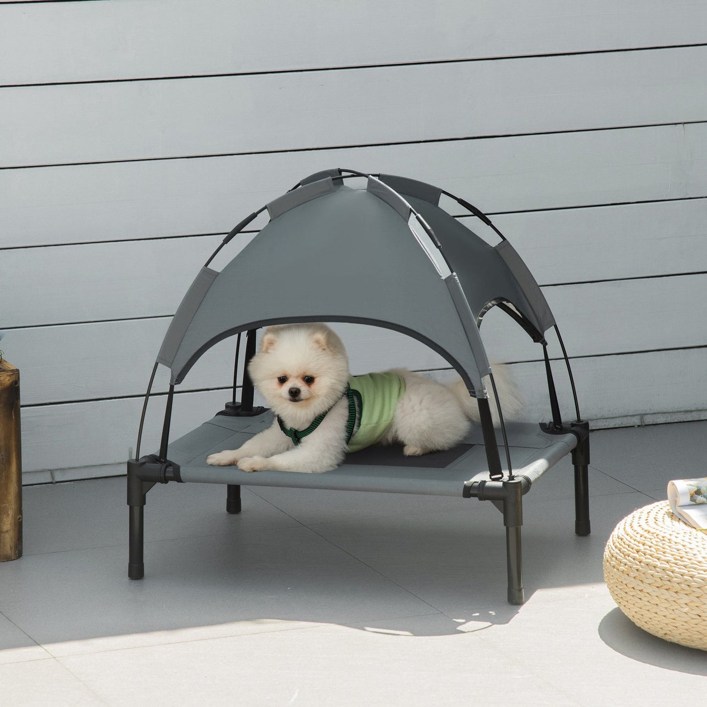 Dog bed outdoor with canopy, elevated and breathable, gray