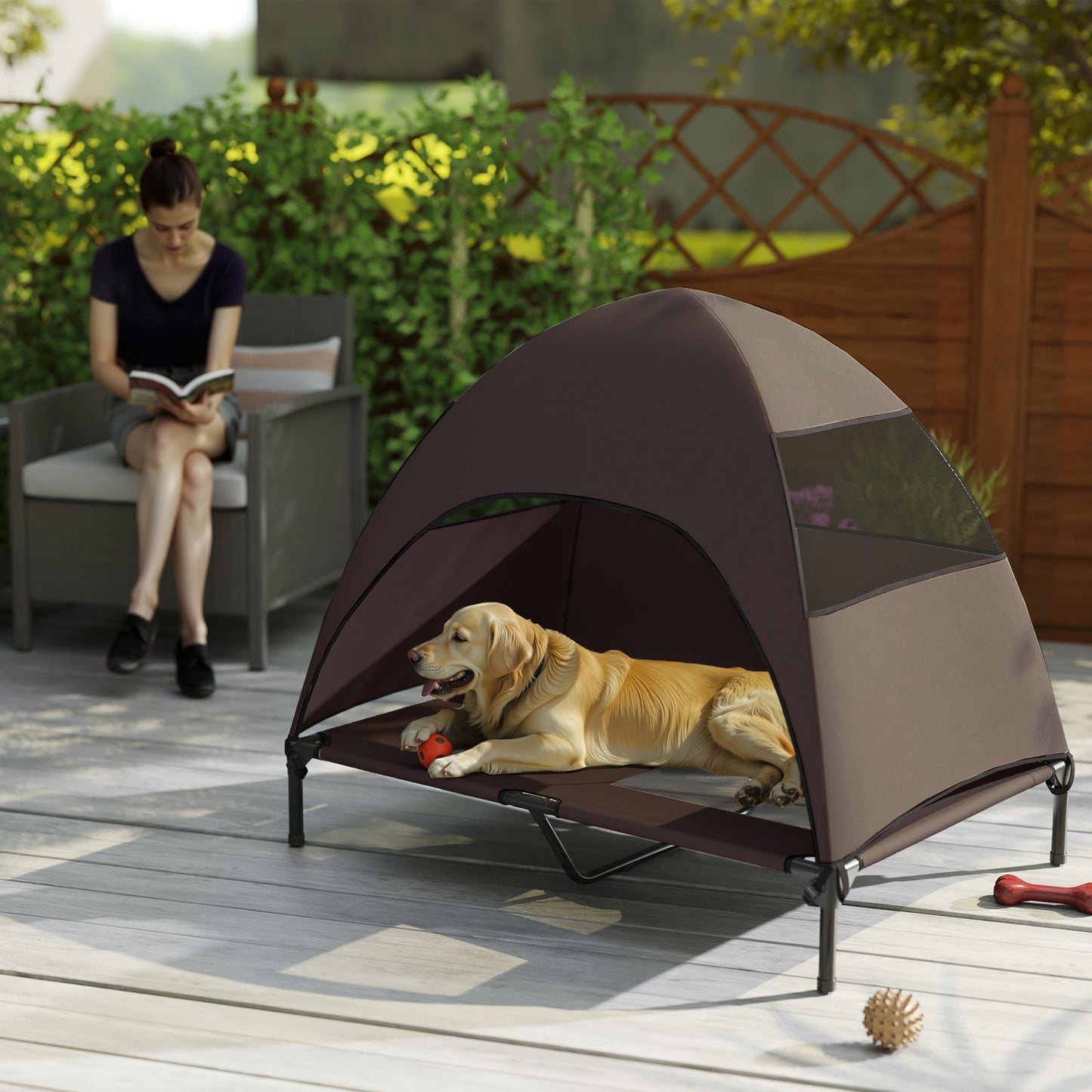 Elevated outdoor dog chair with roof and cooling net