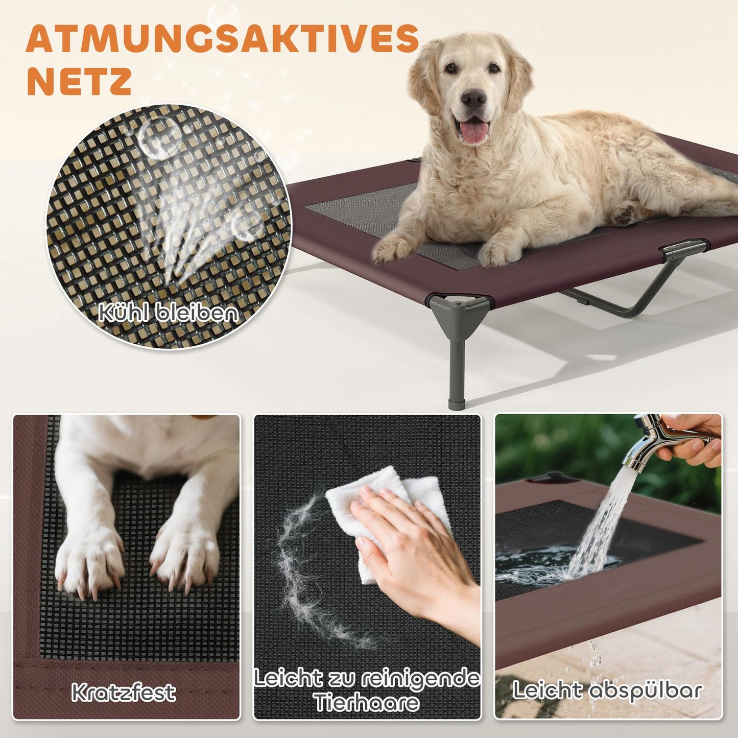 Elevated outdoor dog chair with roof and cooling net