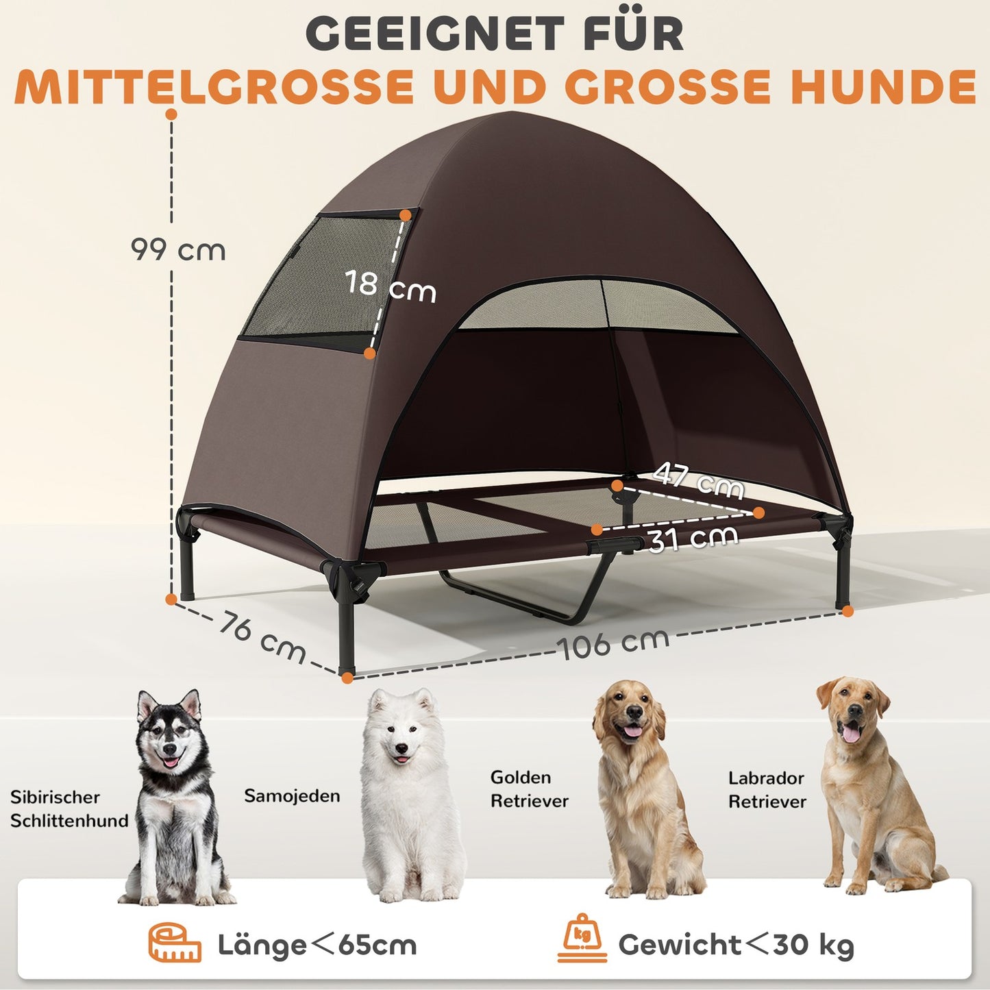 Elevated outdoor dog chair with roof and cooling net