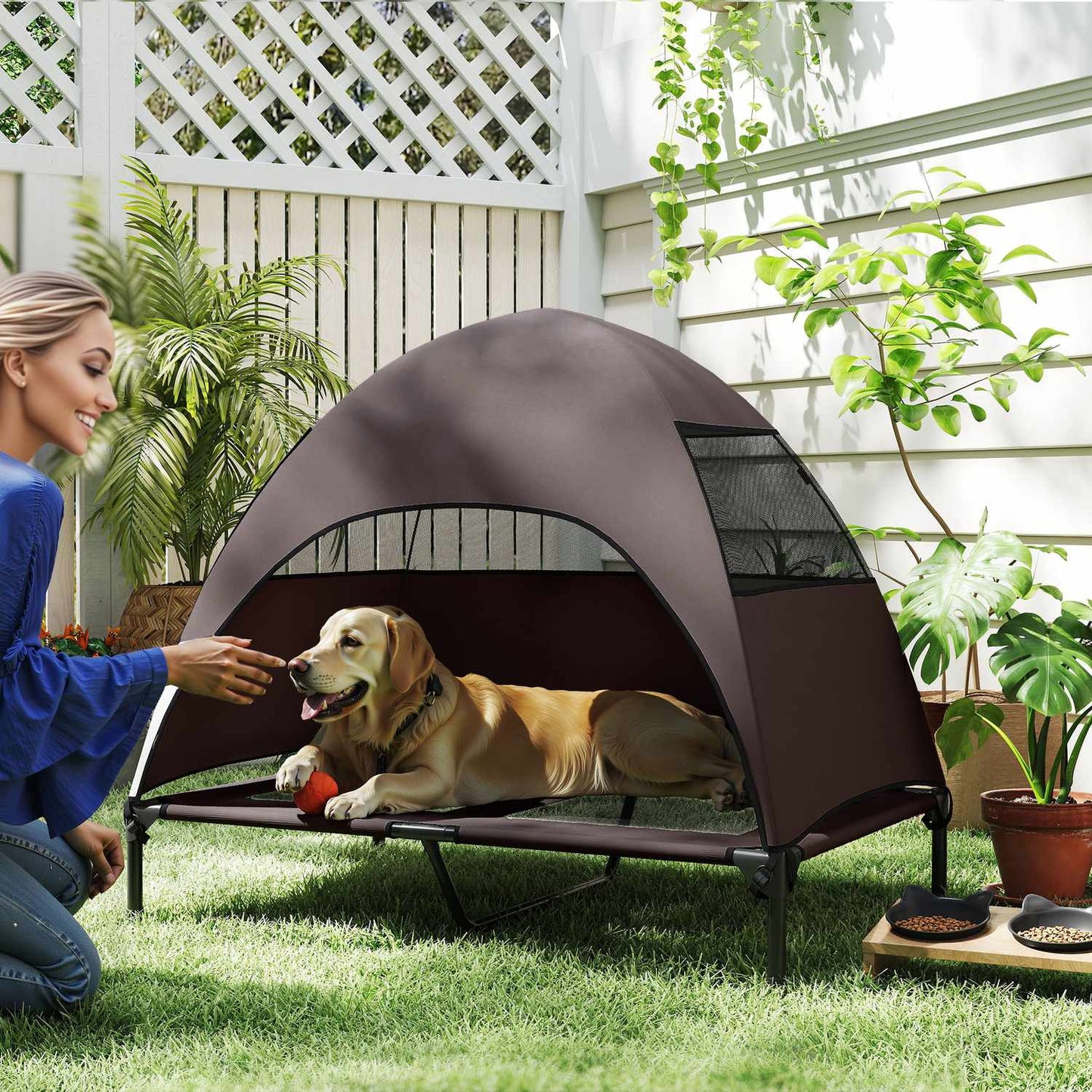 Elevated outdoor dog chair with roof and cooling net