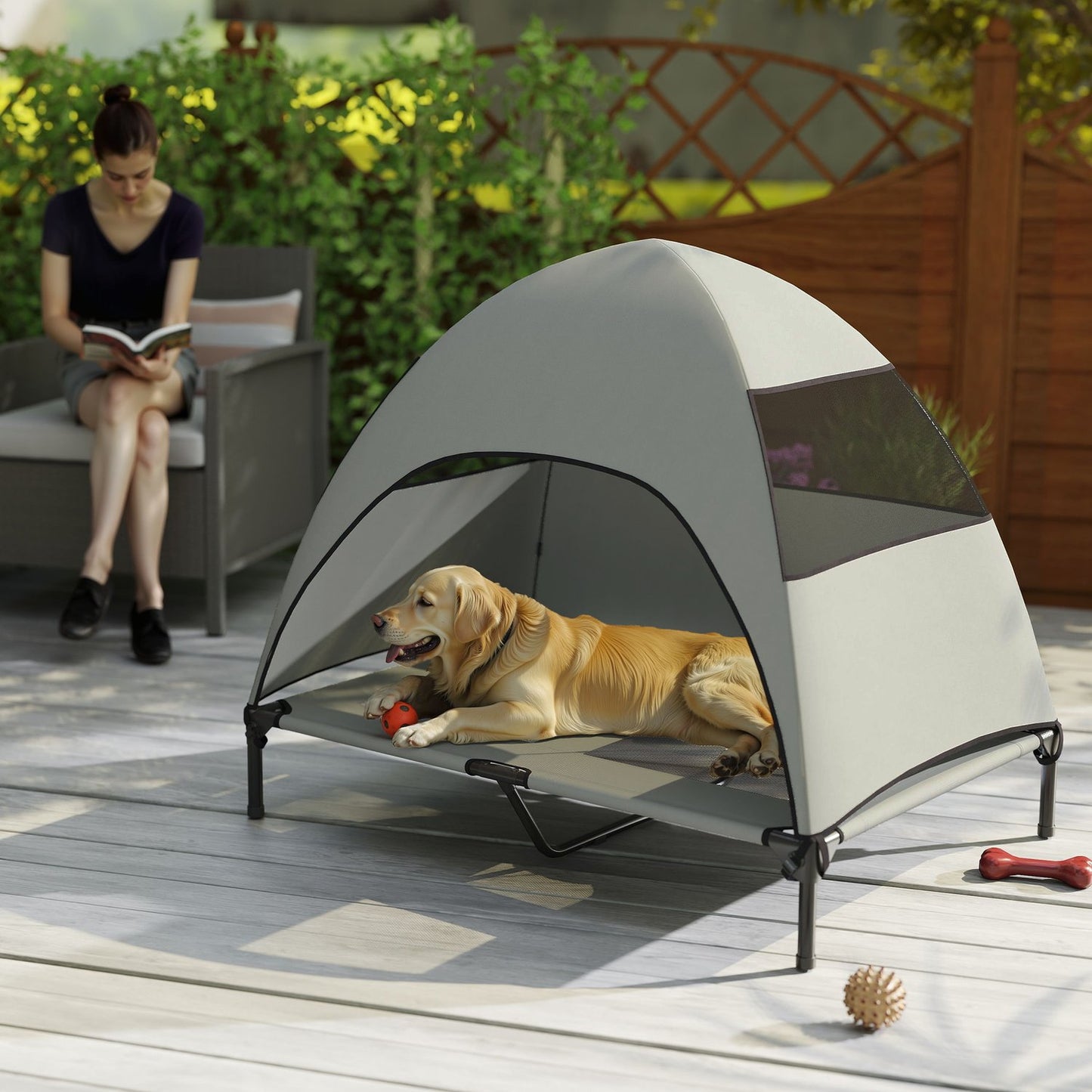 Outdoor elevated dog bed with roof, cooling net, large