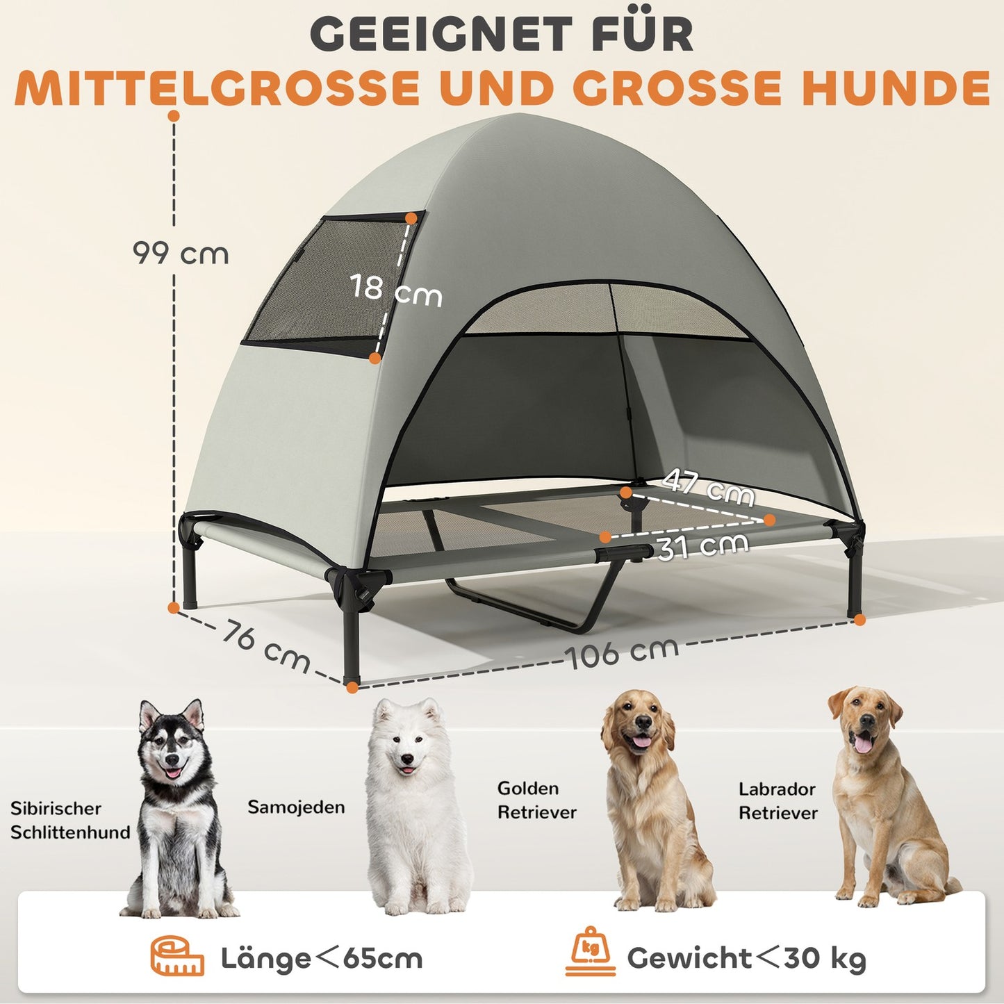Outdoor elevated dog bed with roof, cooling net, large