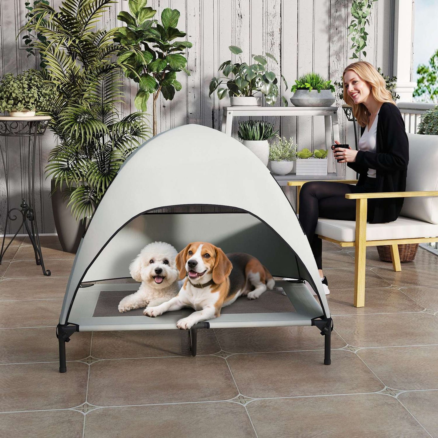 Outdoor elevated dog bed with roof, cooling net, large