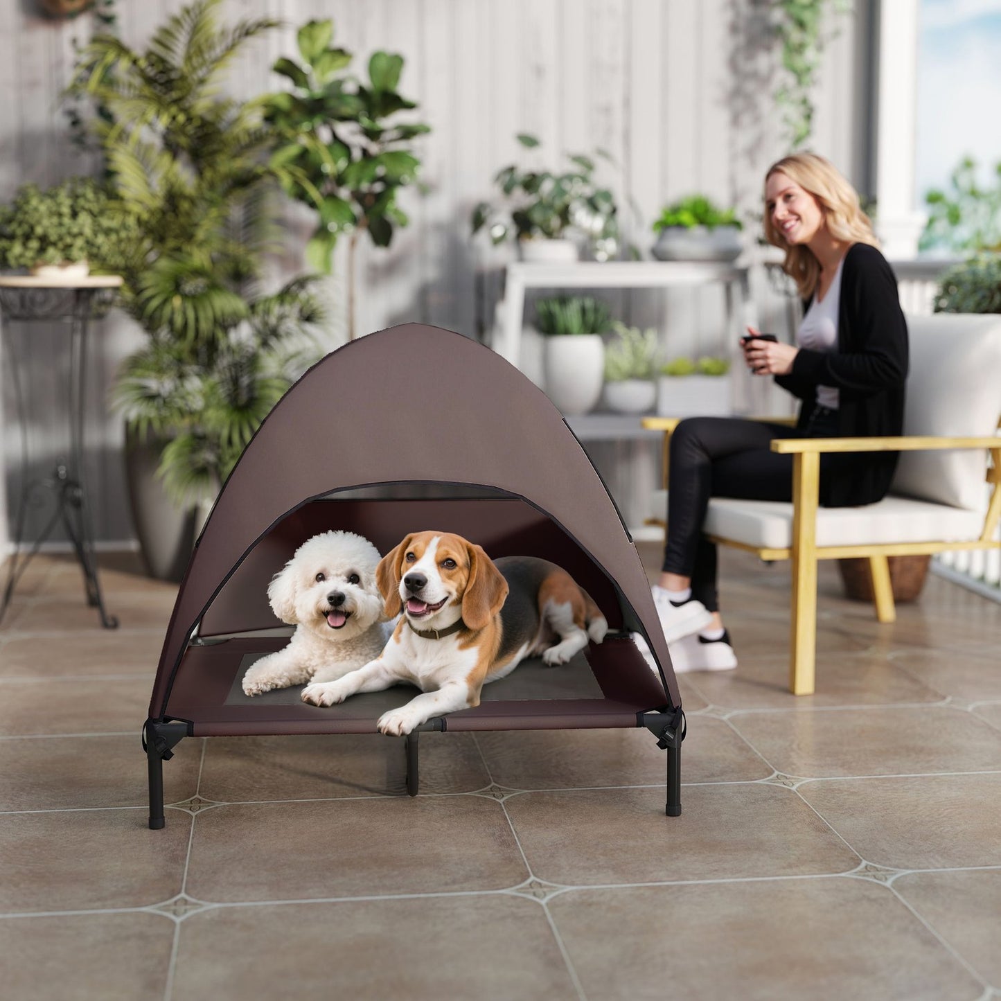 Outdoor raised dog bed with canopy - large, cooling, washable