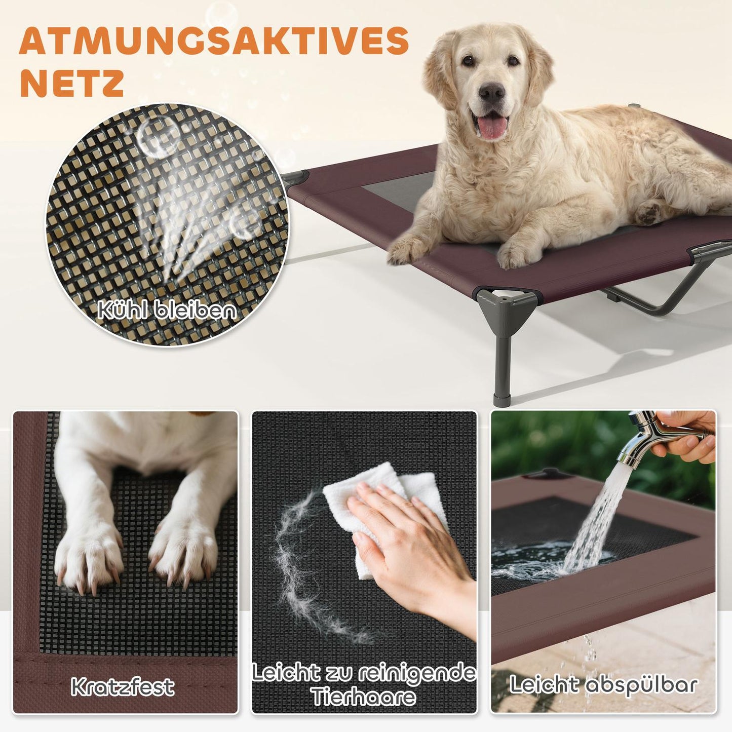 Outdoor raised dog bed with canopy - large, cooling, washable