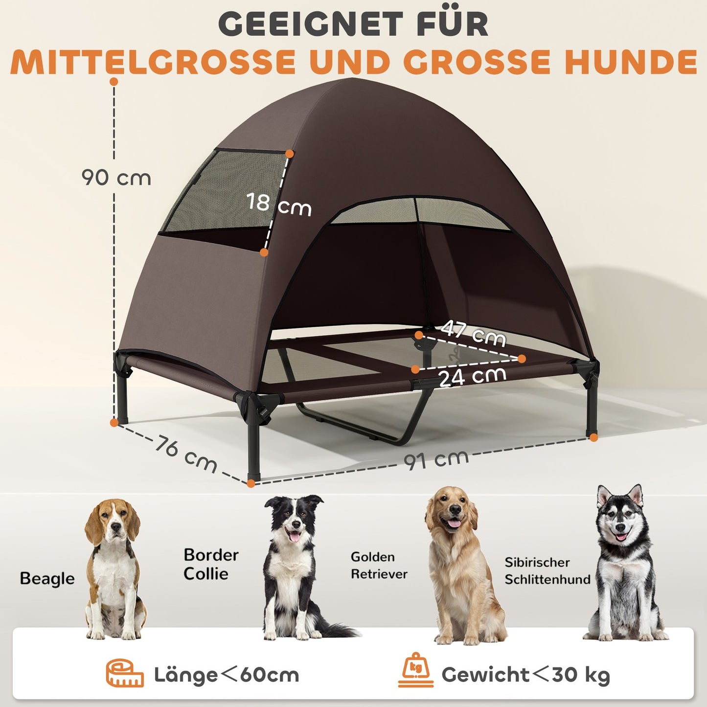 Outdoor raised dog bed with canopy - large, cooling, washable