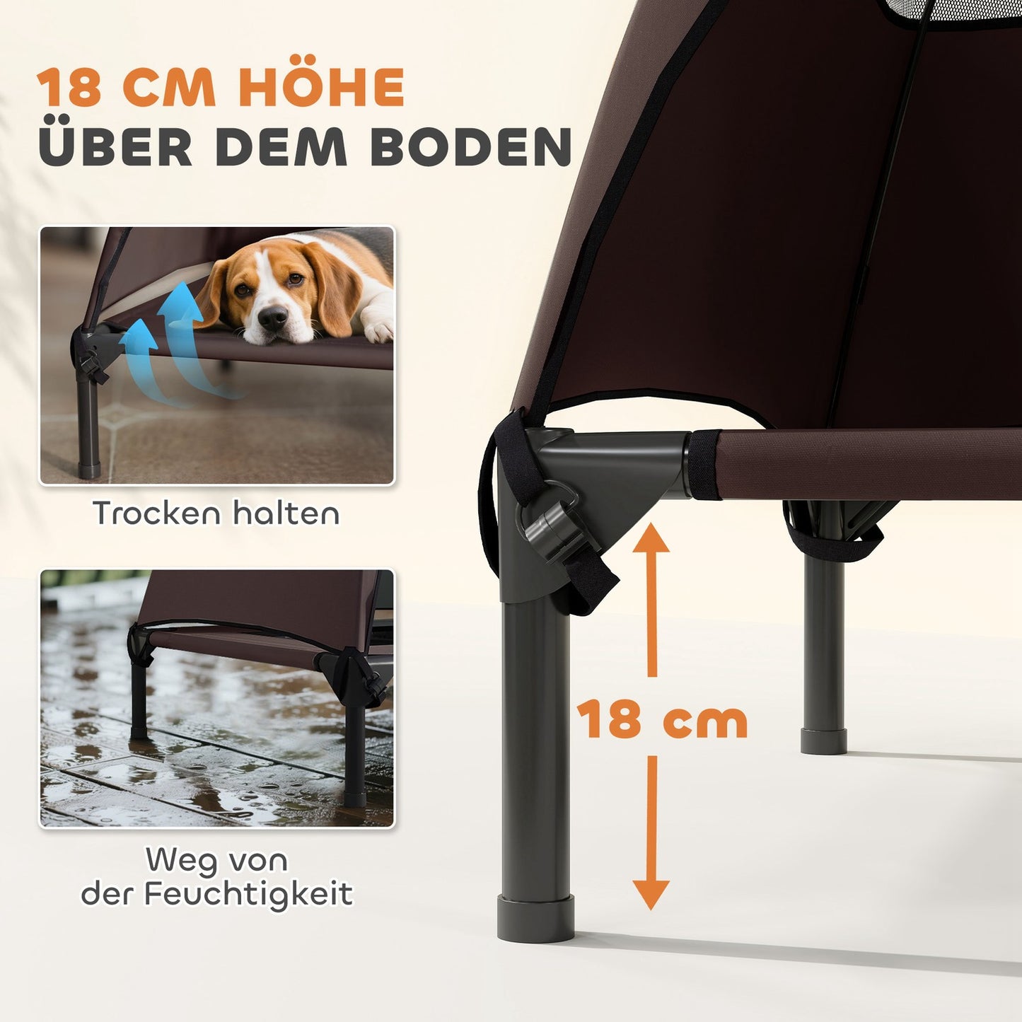 Outdoor raised dog bed with canopy - large, cooling, washable