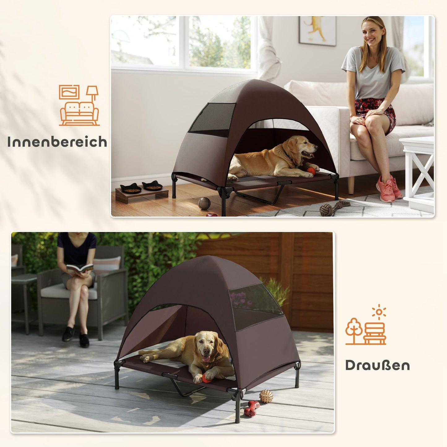 Outdoor raised dog bed with canopy - large, cooling, washable