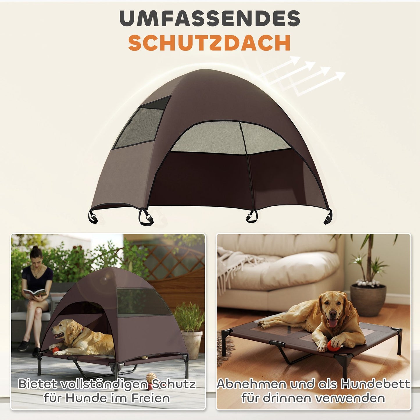 Outdoor raised dog bed with canopy - large, cooling, washable