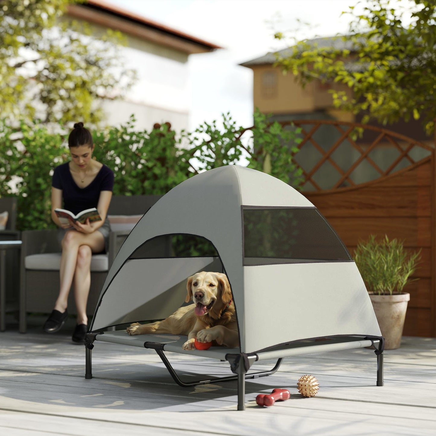 Elevated Cooling Outdoor Dog Bed with Cover - Light Grey