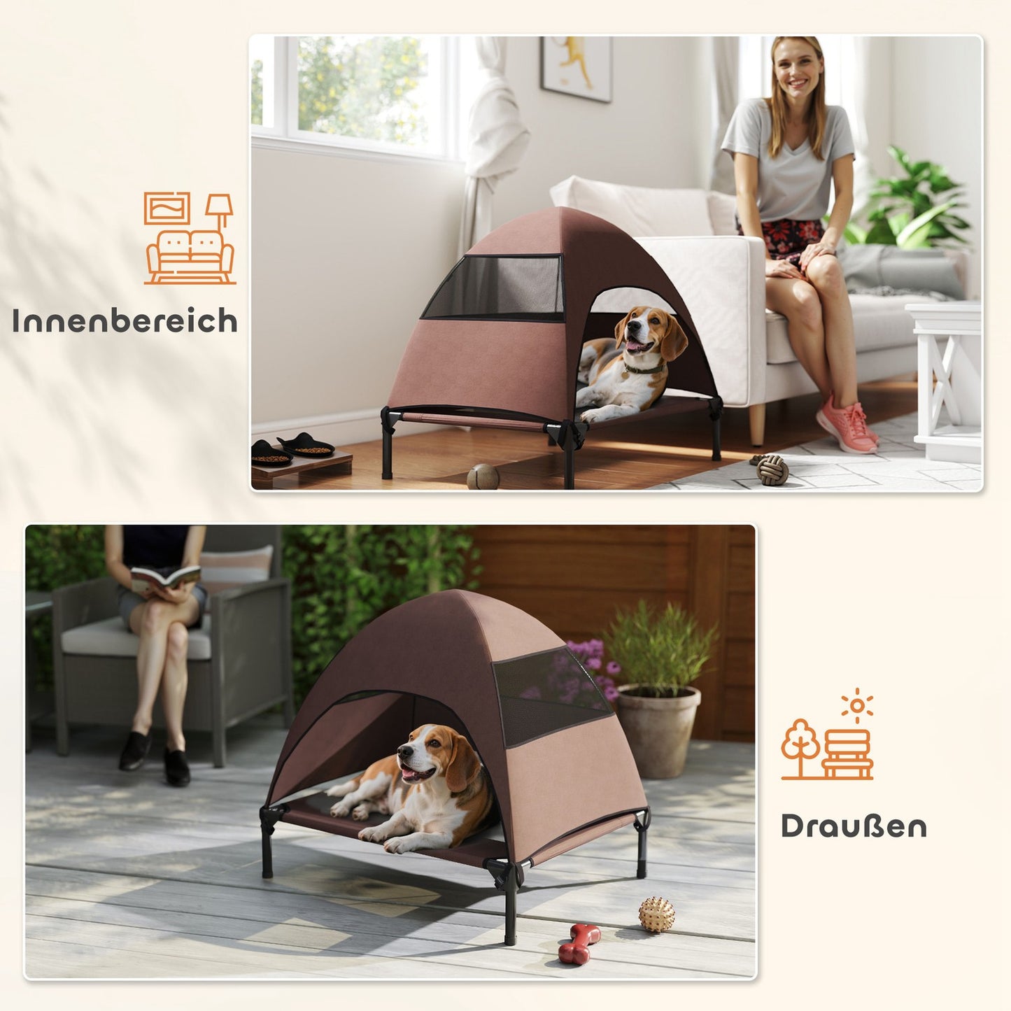 Outdoor elevated dog seat with roof - cooling mesh bed