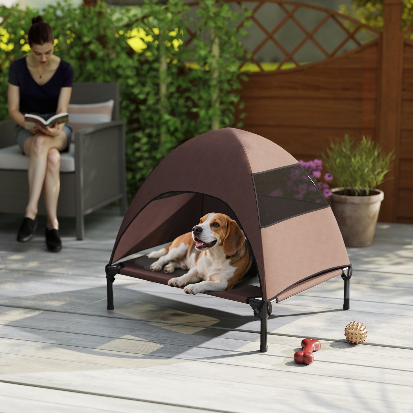 Outdoor elevated dog seat with roof - cooling mesh bed