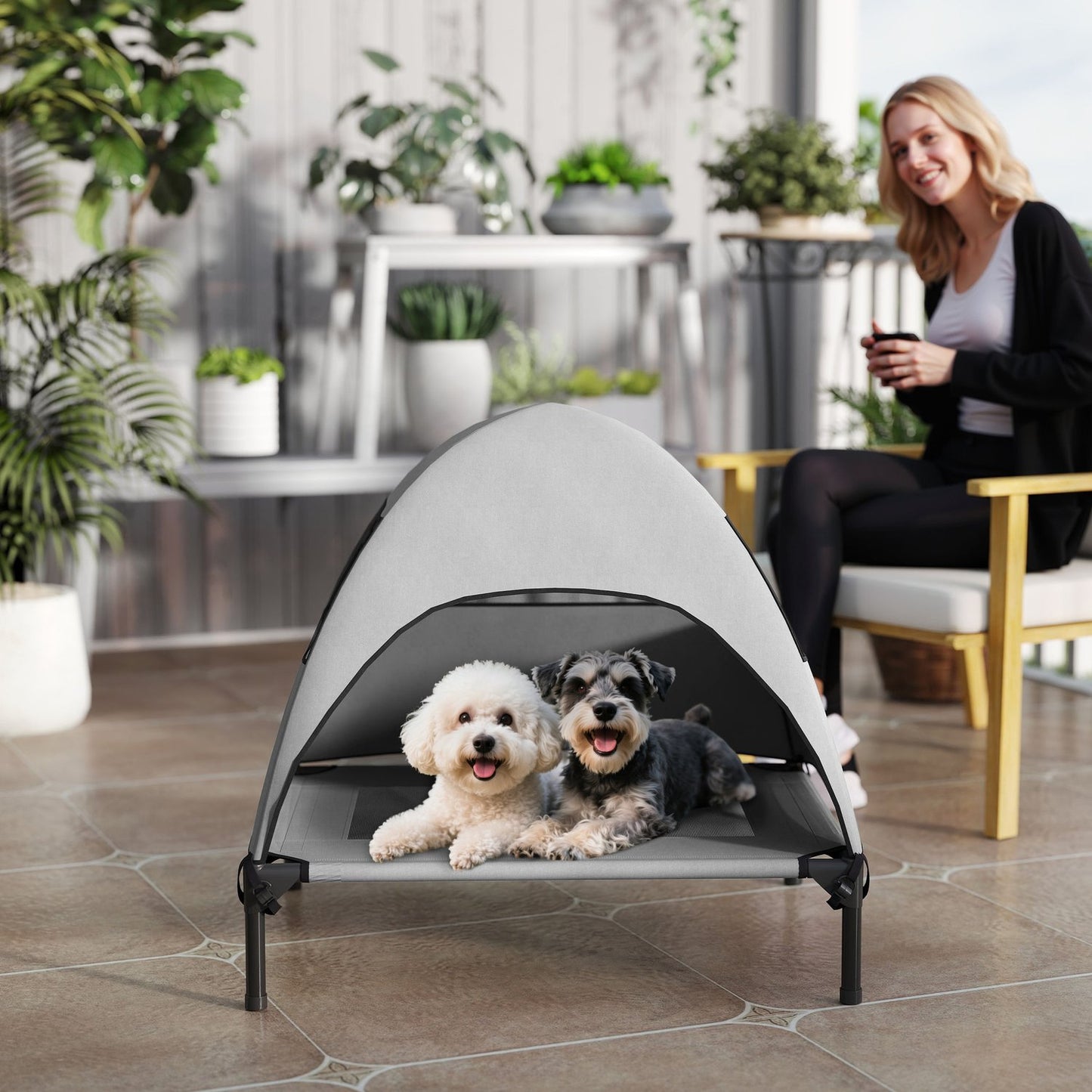 Outdoor dog seat with roof, washable net and cooling design