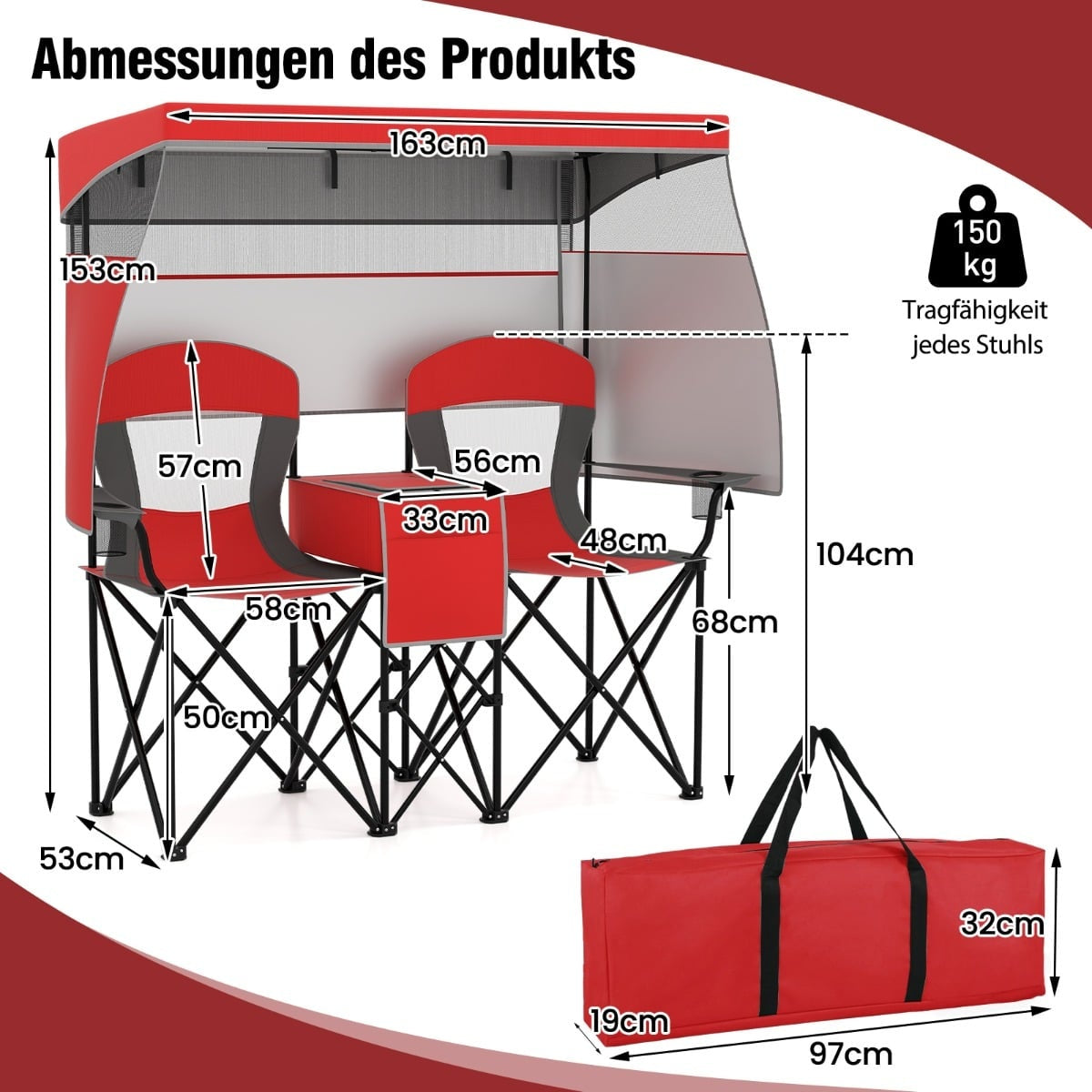 Outdoor Double Camping Chair with Adjustable Sunshade