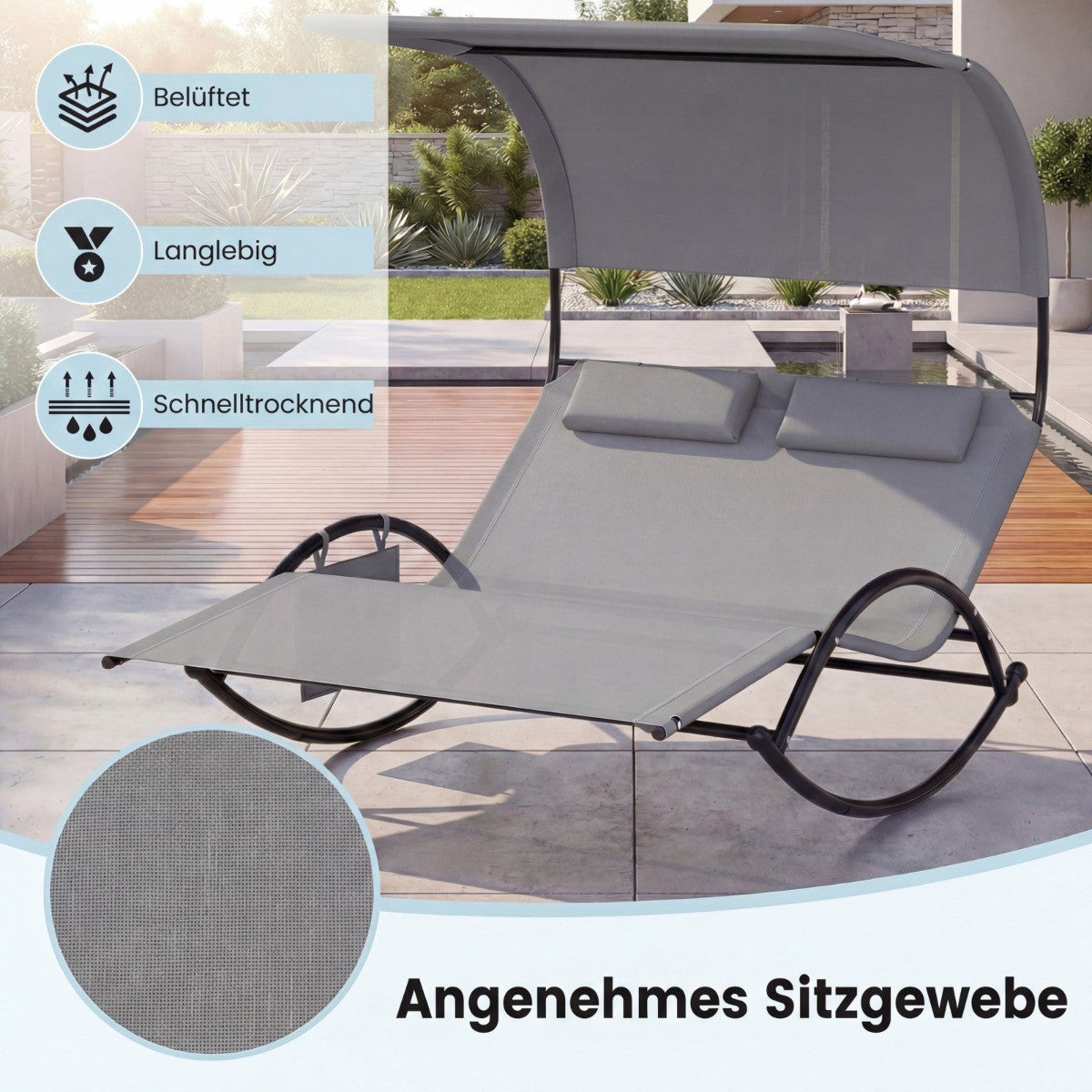 Outdoor Double Sun Lounger with Canopy and Headrests