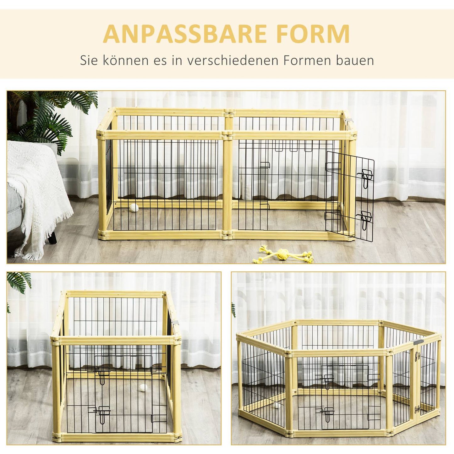 Foldable outdoor playpen in natural wood for small dogs