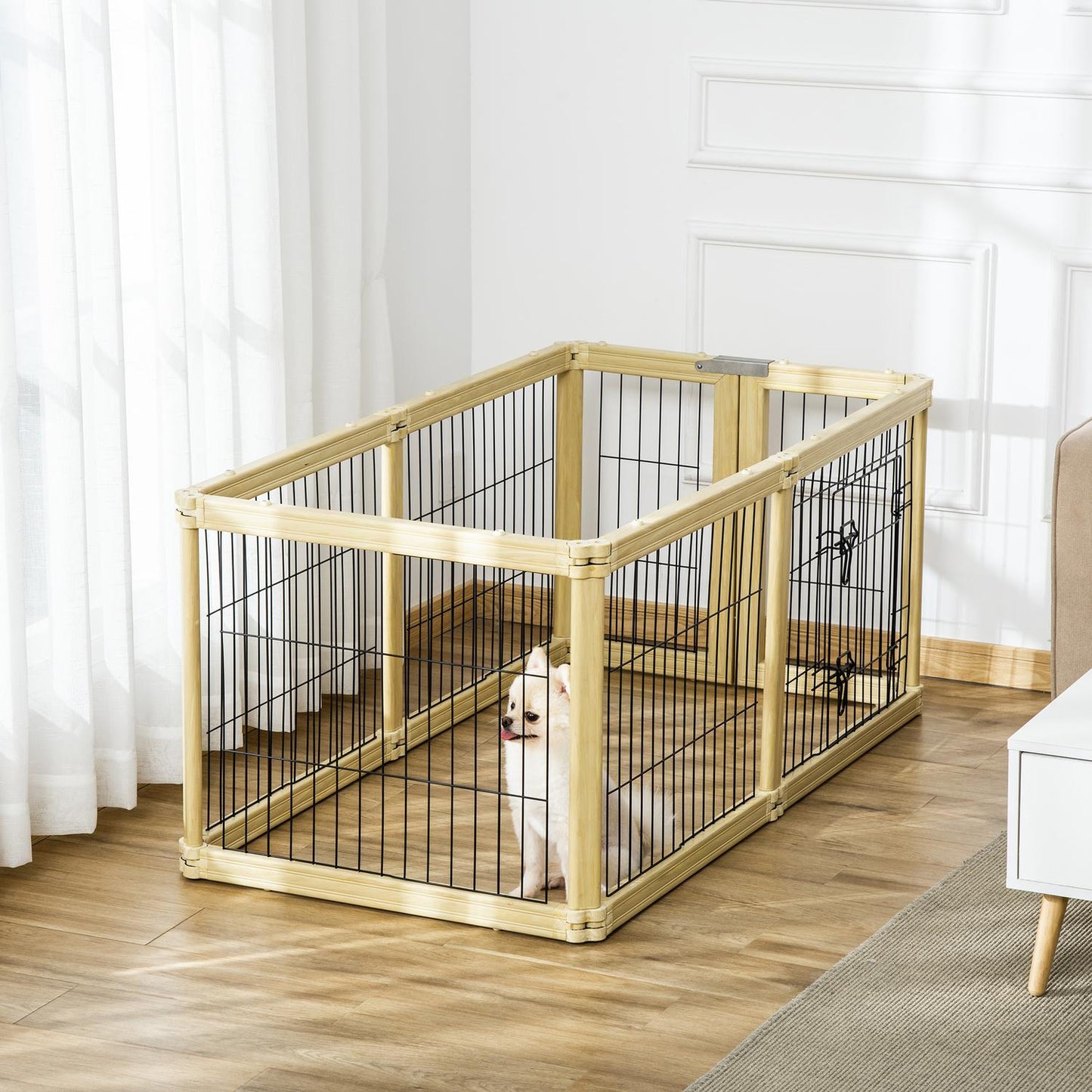 Foldable outdoor playpen in natural wood for small dogs