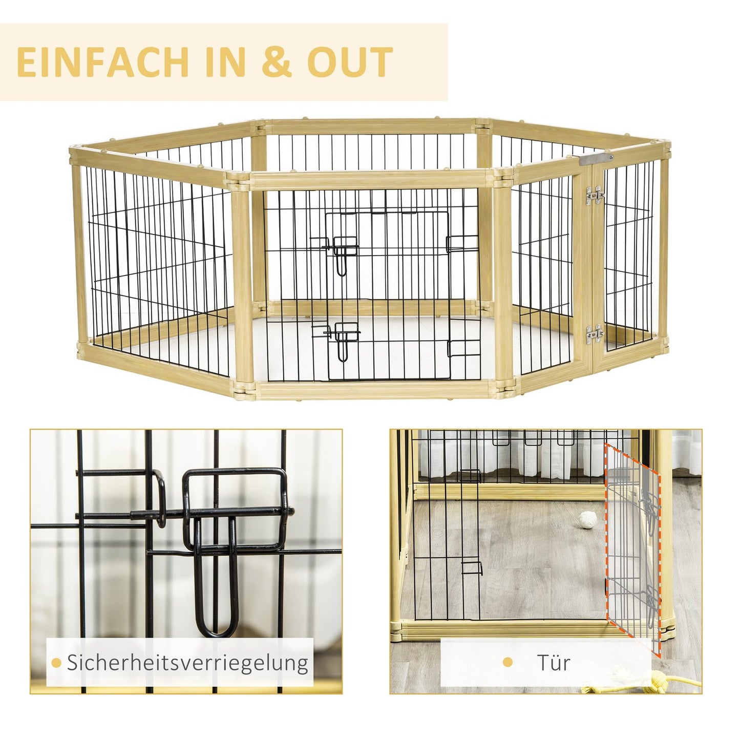 Foldable outdoor playpen in natural wood for small dogs
