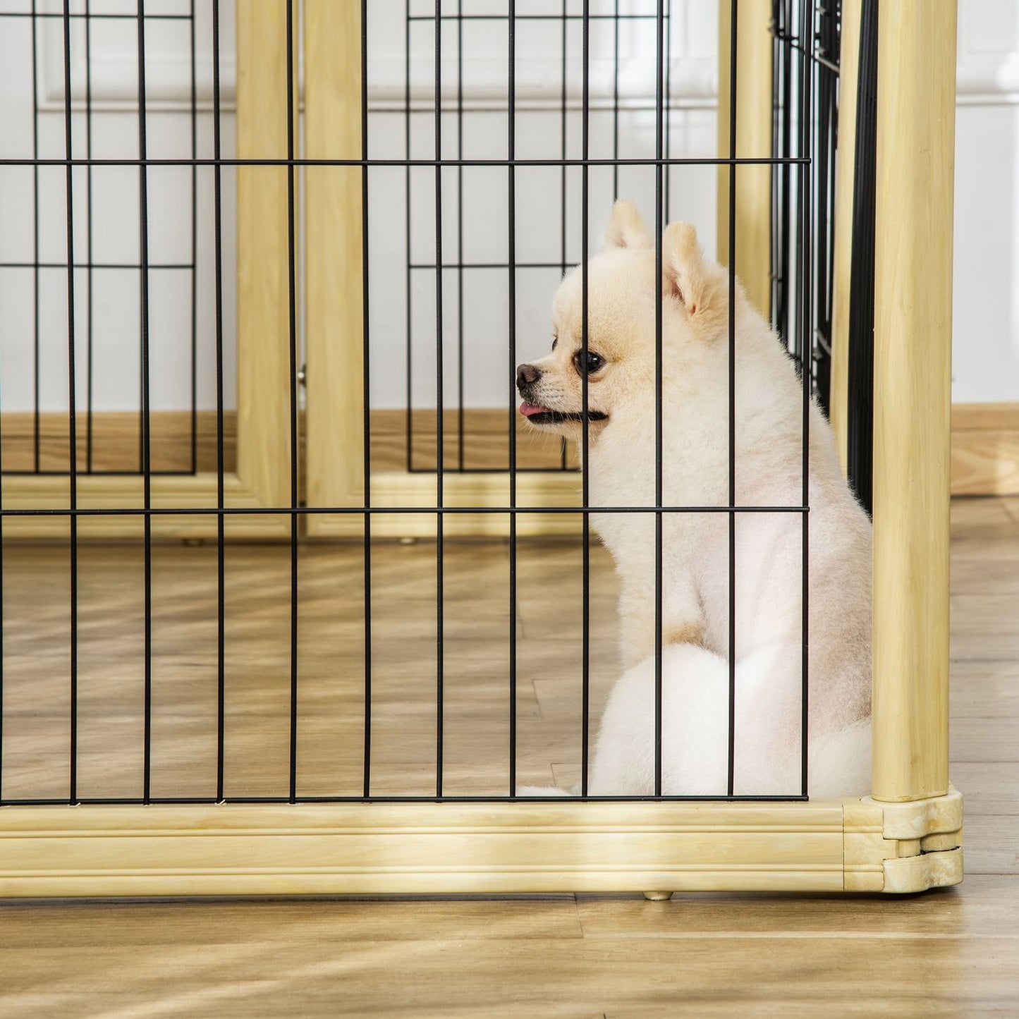 Foldable outdoor playpen in natural wood for small dogs