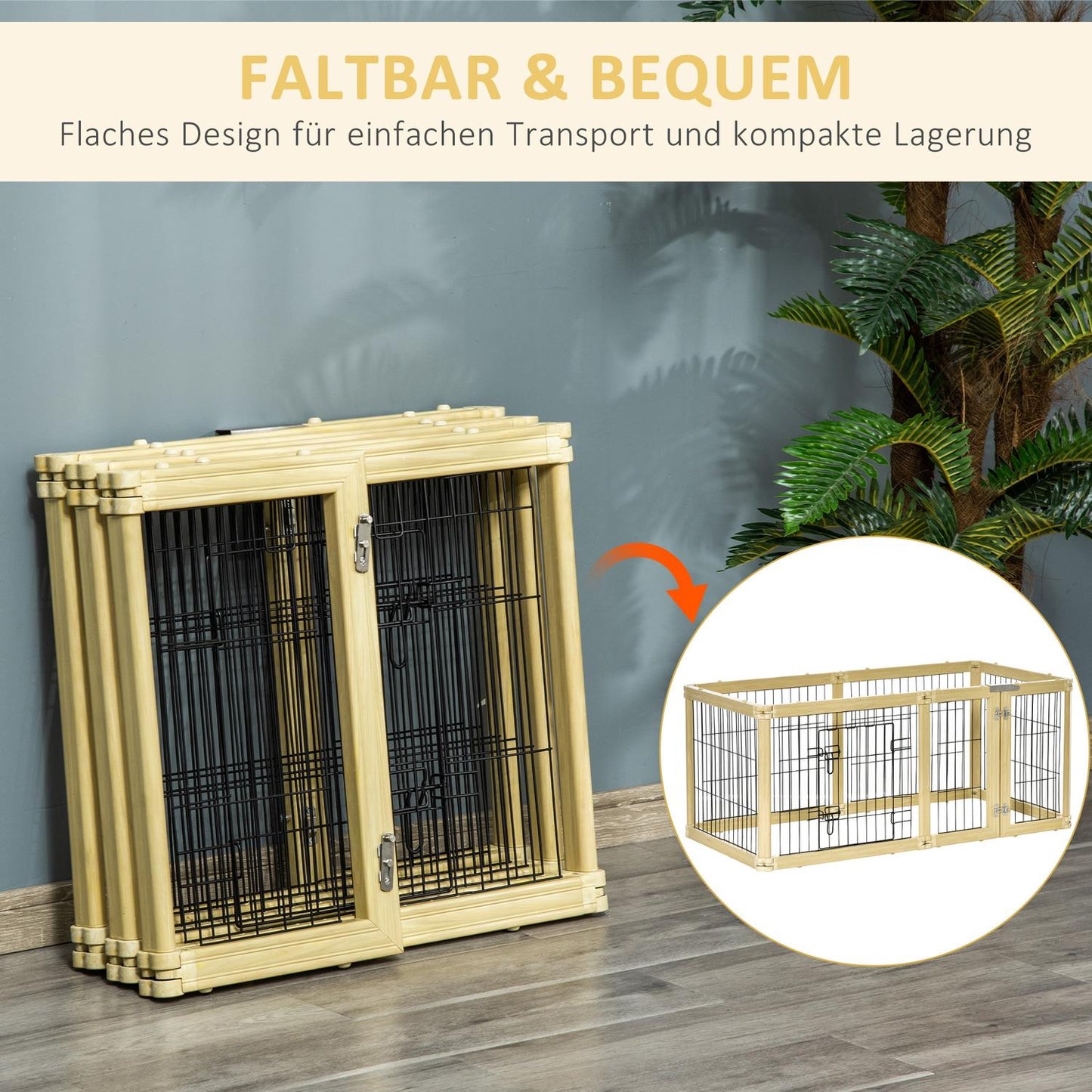 Foldable outdoor playpen in natural wood for small dogs