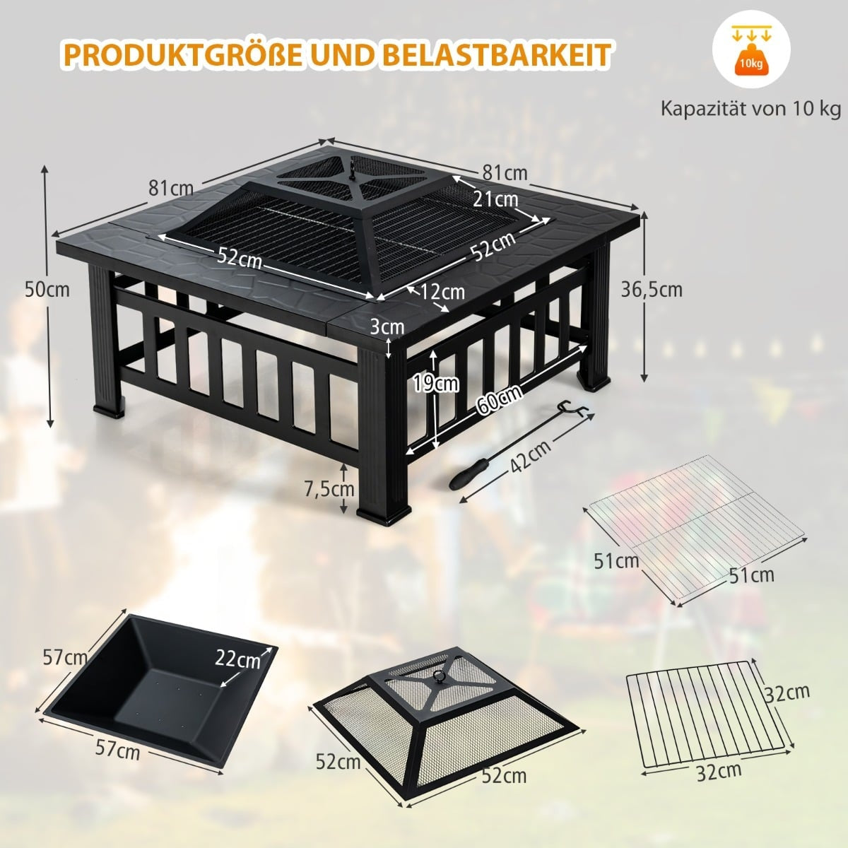 Outdoor Fire Pit with Grill, Spark Screen & Poker
