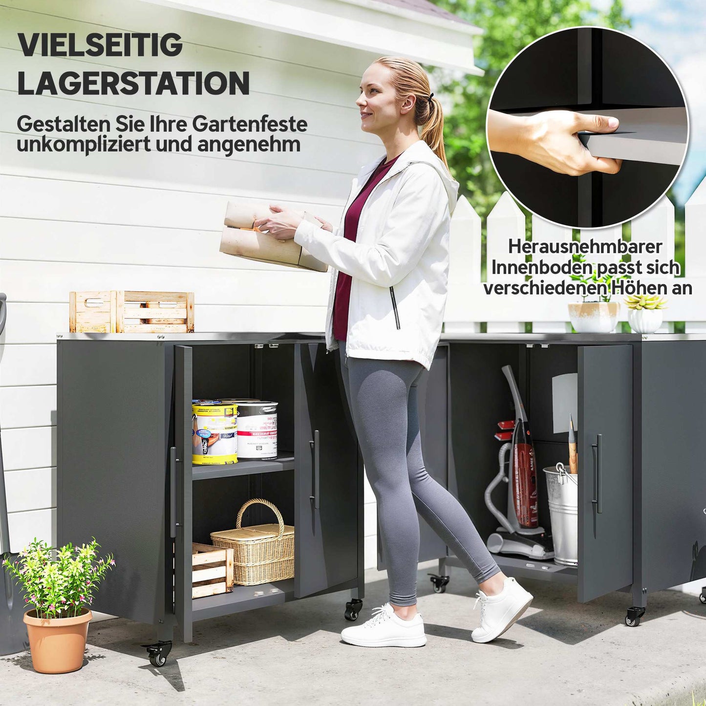Outdoor Garden Cabinet with Stainless Steel Top, Mobile