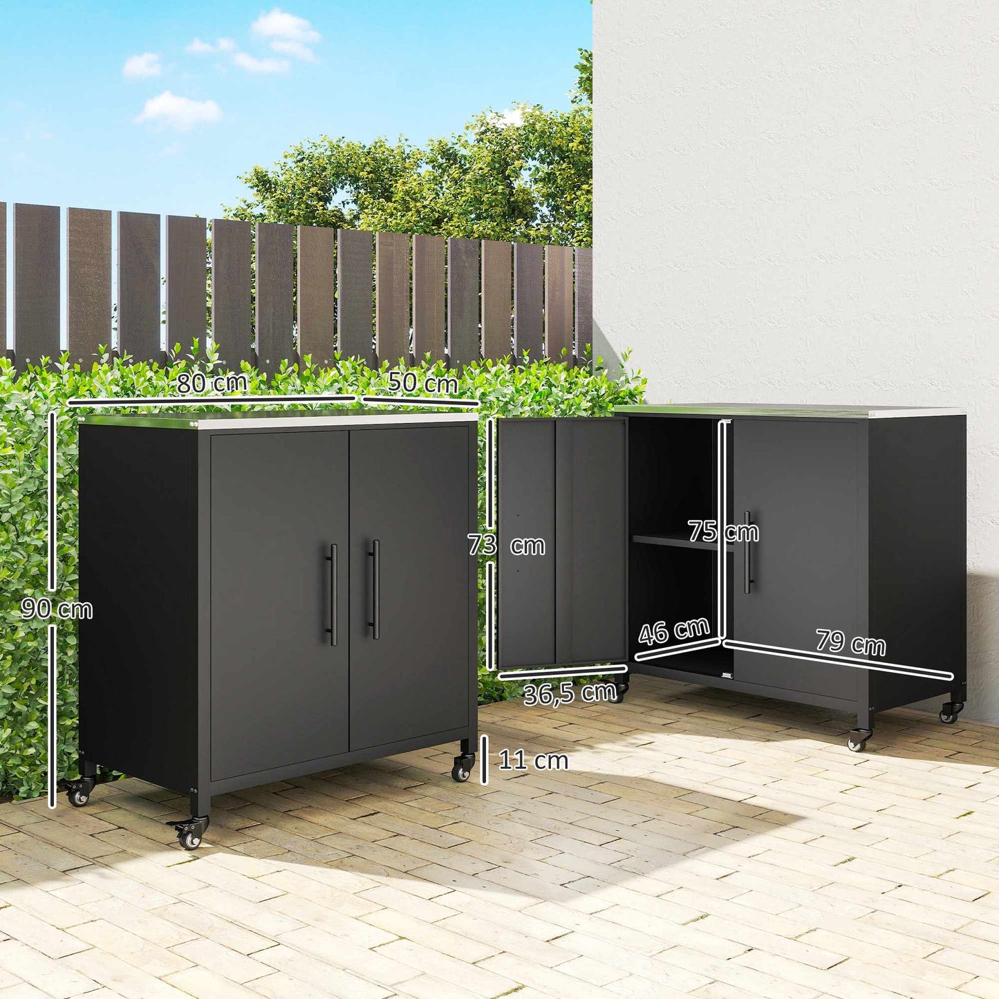 Outdoor Garden Cabinet with Stainless Steel Top, Mobile