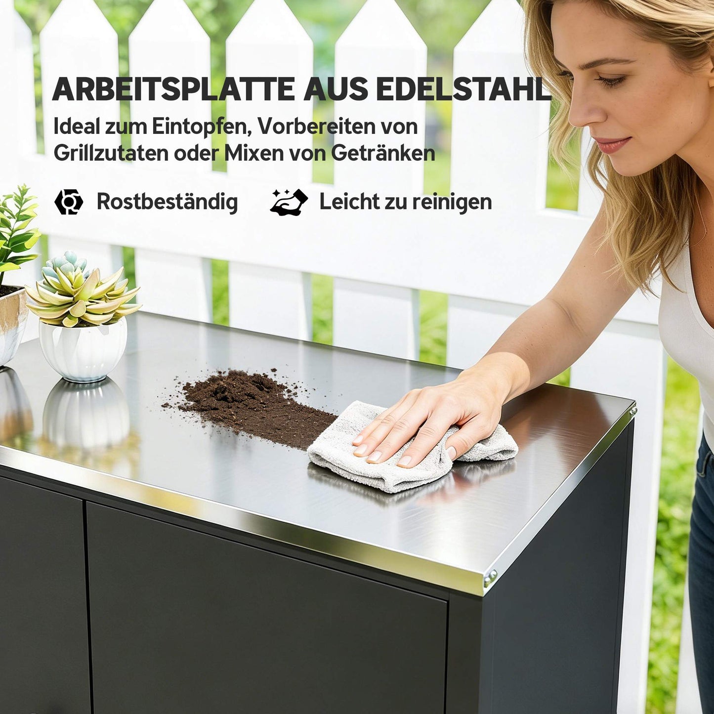 Outdoor Garden Cabinet with Stainless Steel Top, Mobile